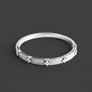 White Gold Cubic Zirconia Clover Flower Bangle Bracelet